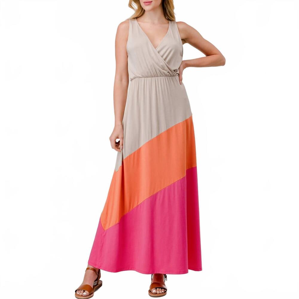 NEW HEIMIOUS retro stripe modal maxi dress in light taupe tangerine